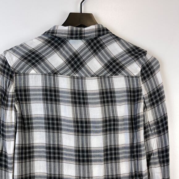 PAIGE XS Viscose Plaid Lightweight Button Down Flannel Shirt Black White - Picture 8 of 10